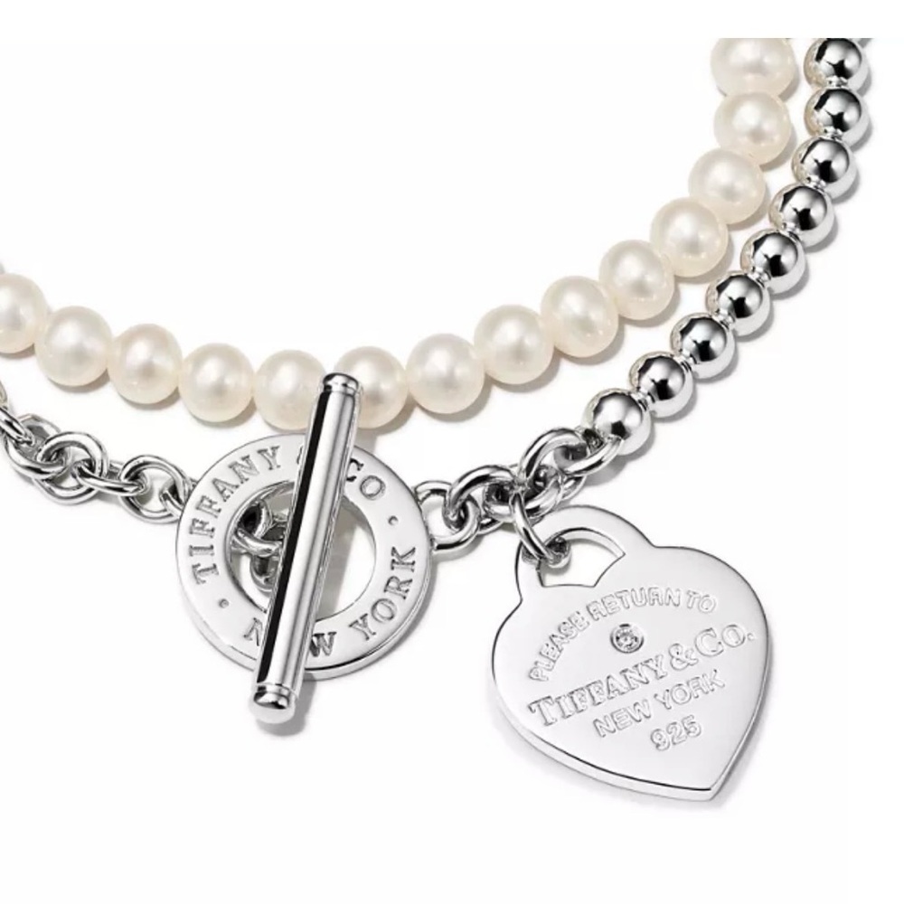 Tiffany & Co. Wrap Toggle Beaded Bracelet in Silver & Pearls & Diamond Heart